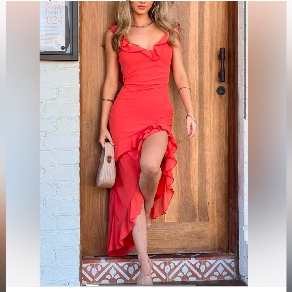 Beginning Boutique Caribbean red (bright coral) ruffle maxi dress